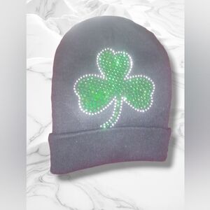 Lucky Bling Four Leaf Clover Knit Toboggan Beanie Hat